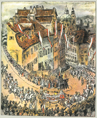Ilustrace Adolfa Kašpara k dílu Aloise Jiráska F. L. Věk, Praha v den korunovace císaře Leopolda II.