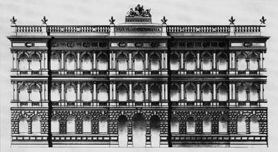 Návrh průčelí budovy Spořitelny české, dnes hlavní budovy Akademie věd ČR na Národní třídě, jehož autorem je architekt Ignác Vojtěch Ullmann.