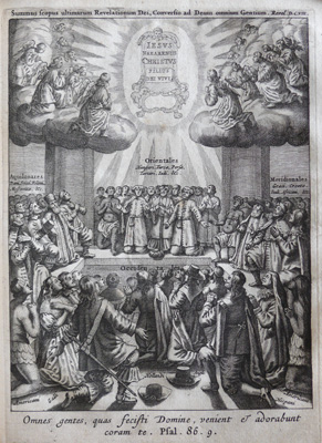 Rytina zobrazující shromáždění národů světa z Komenského vydání novodobých proroctví Lux e tenebris, Leiden 1665