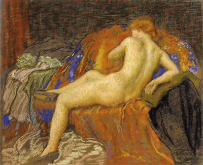 Karel Špillar, Sedící akt na žlutém šátku, 1925, pastel, papír, 70 x 87 cm, Galerie hl. m. Prahy