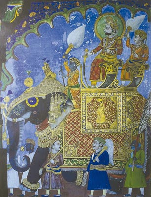 Rádža Udaj Singh II. v čele slavnostního procesí, freska, Džúná Mahal, Dungarpur (Rádžasthán), 19. století