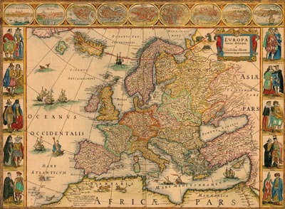 Historické vyobrazení Evropy s částí Afriky a Asie pocházející ze 17. století